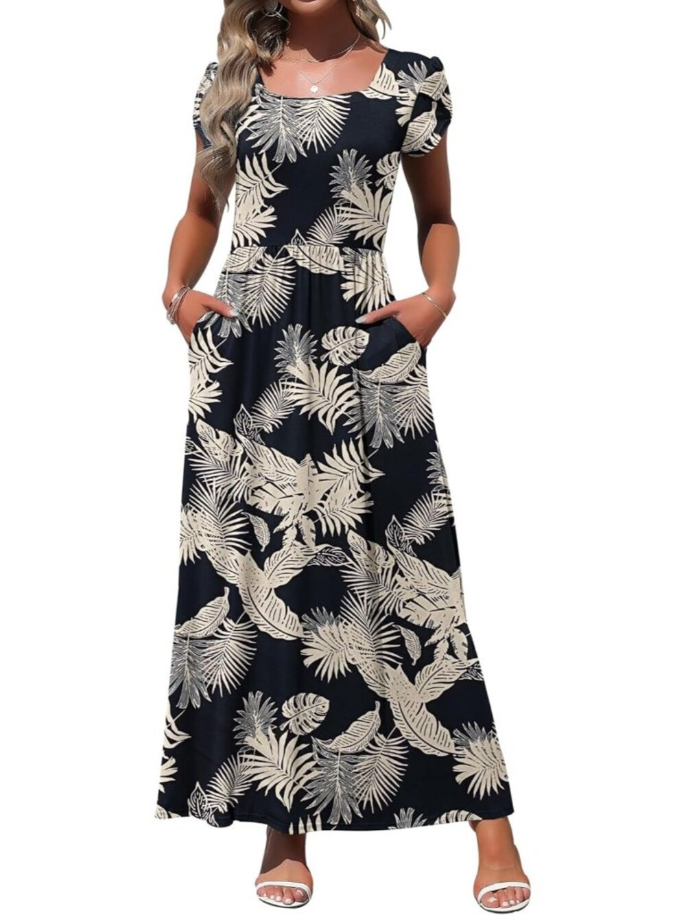 Women's Rainforest Square Neck Maxi Dress Petal Short Sleeve Casual Long Dress